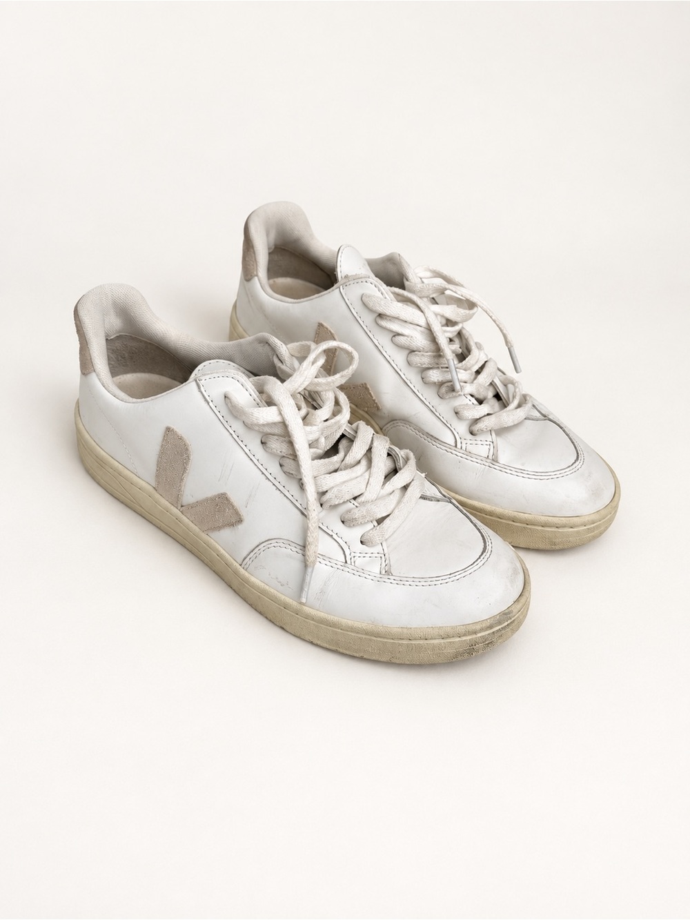 White Leather Lace-Up Women’s Sneakers with Beige Accents